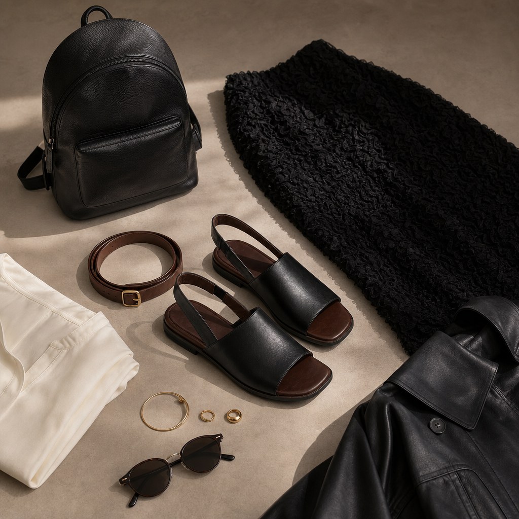 Black sandals styled with clothing and accessories