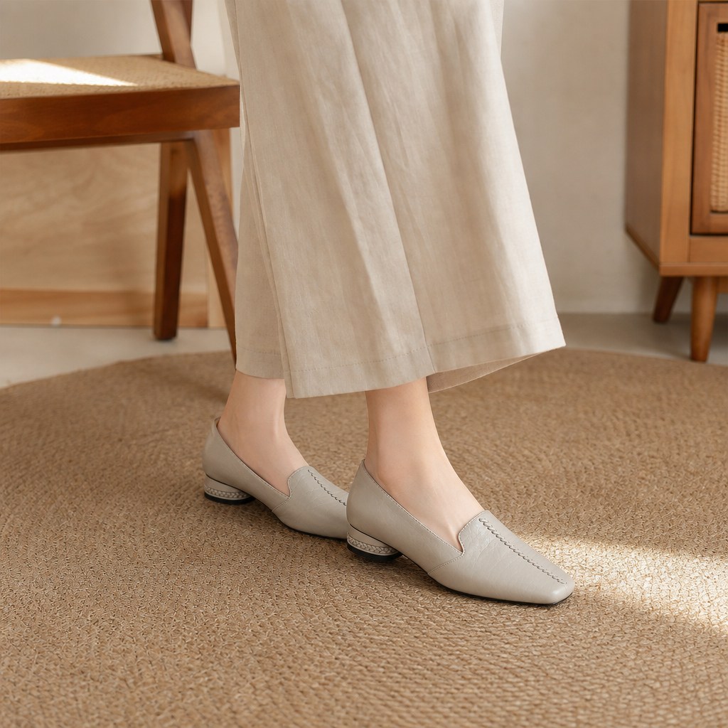 Ballerines beige-gris portées avec une jupe dans un cadre intérieur