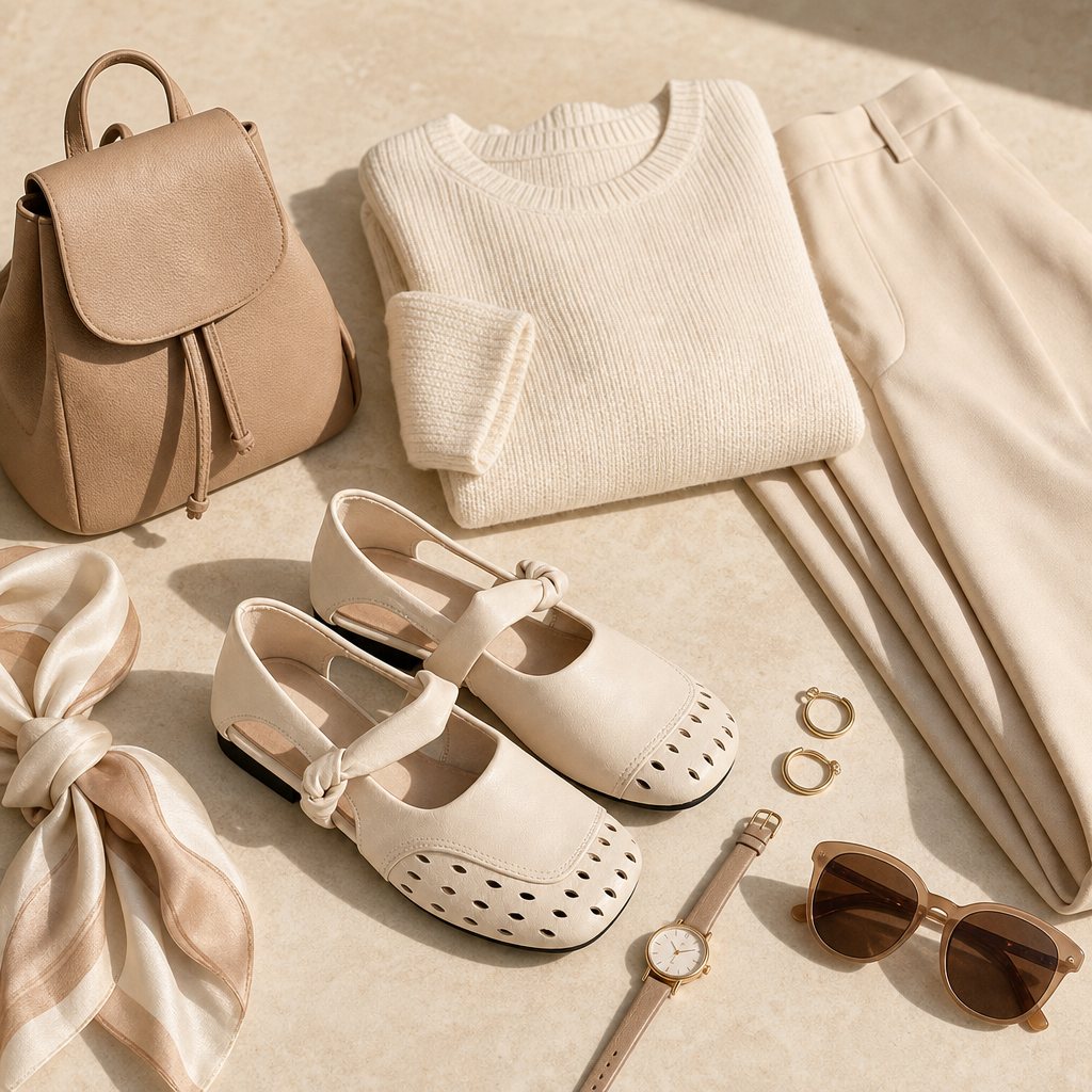 Apricot flat shoes in a spring accessories flat lay