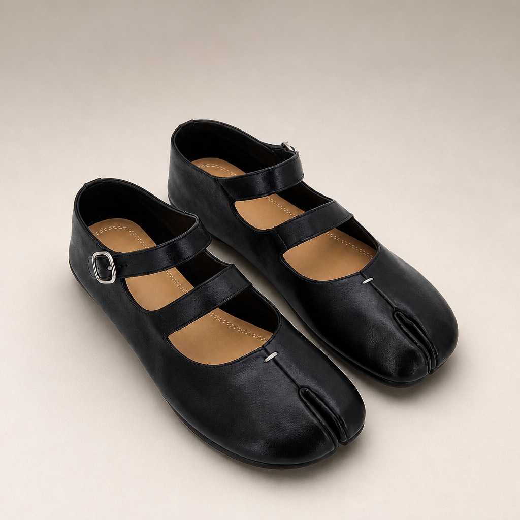 Puhdas tuotenäkymä mustista halkaistun toe Mary Jane flats