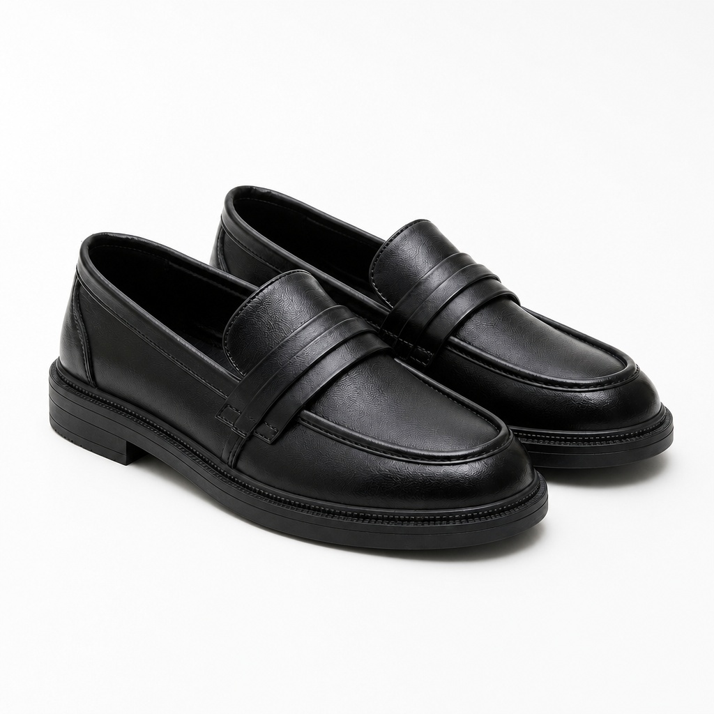 Une paire de mocassins noirs pour femmes sur fond uni