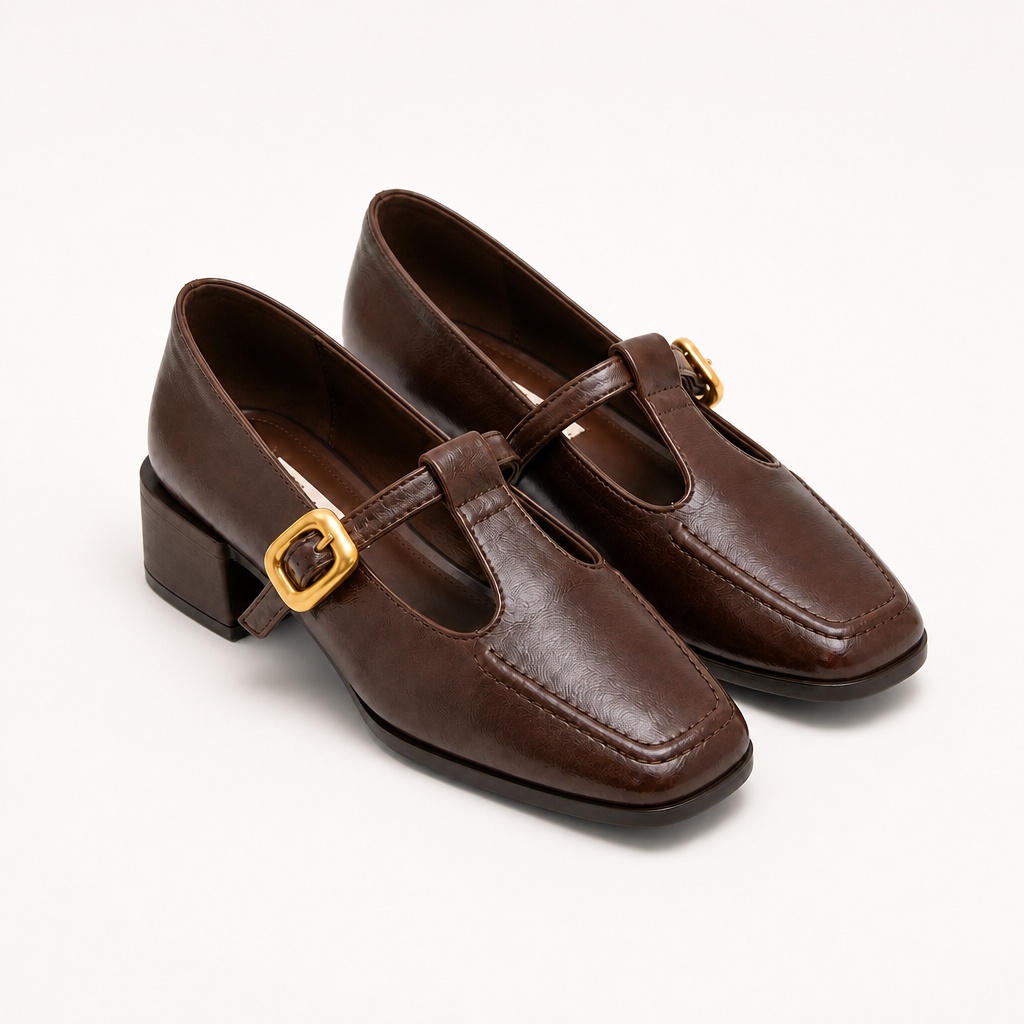 Option de couleur marron pour les chaussures à talons carrés et bride à boucle