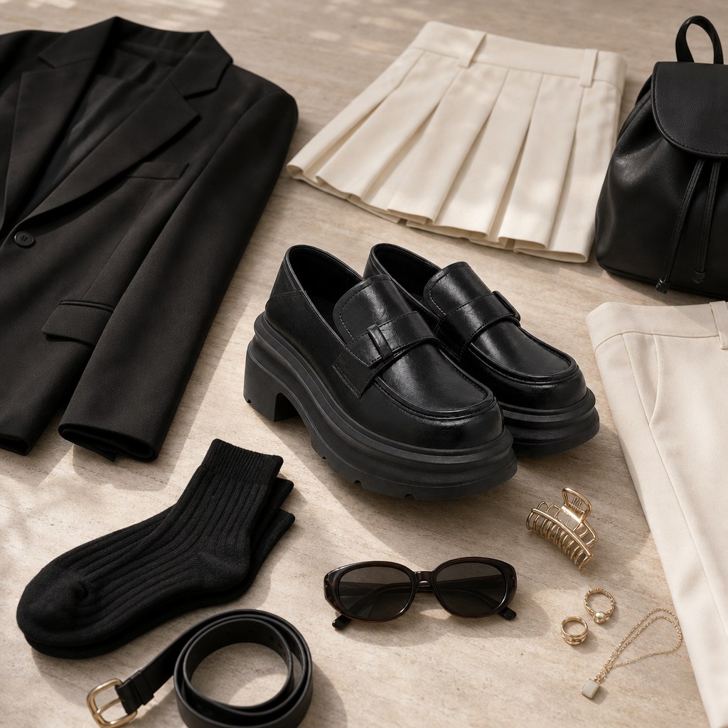 Mocassins noirs à plateforme assortis à des vêtements et accessoires