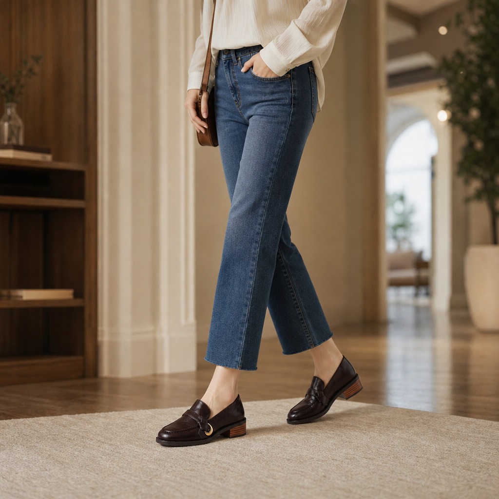 Loafers worn with jeans in an indoor hallway