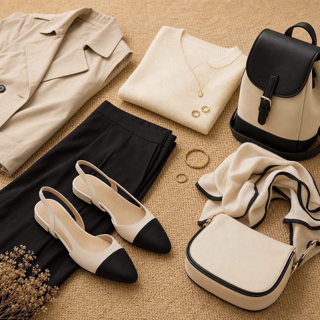 Color block flats styled with clothing and accessories