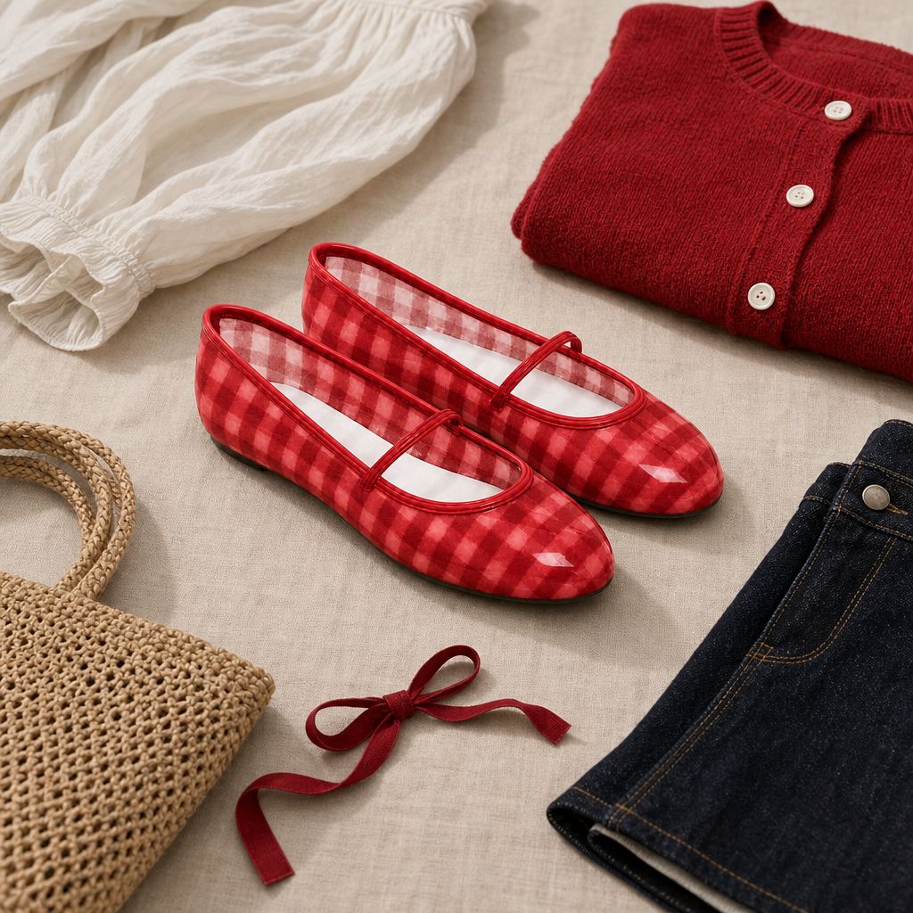 Κόκκινη καρό φλατ Mary Jane σε μια συντονισμένη flatlay