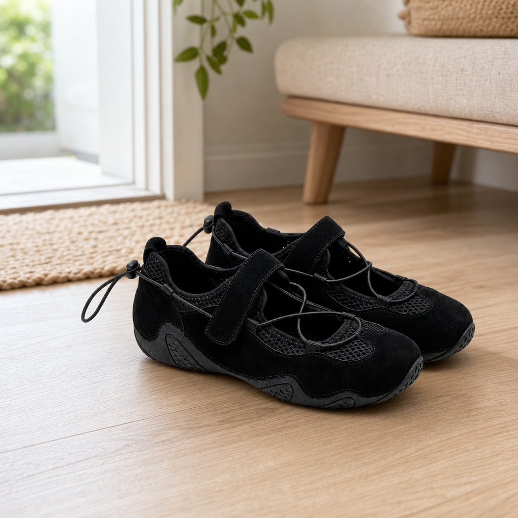 Scarpe da ginnastica Mary Jane nere inserite in una scena di vita quotidiana al chiuso.