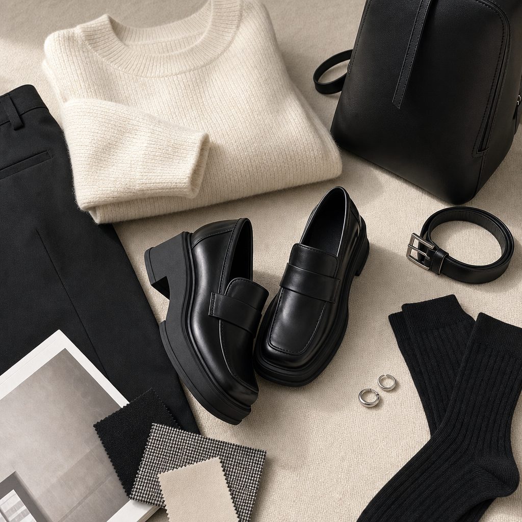 Mocassins noirs associés à des vêtements et accessoires dans une scène à plat