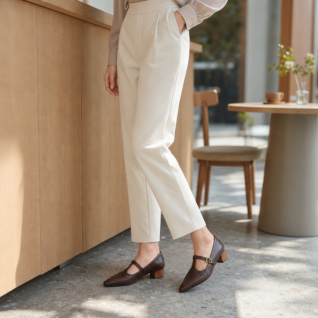 Sapatos marrons com fivela e fivela usados ​​em ambientes fechados com contexto de roupa