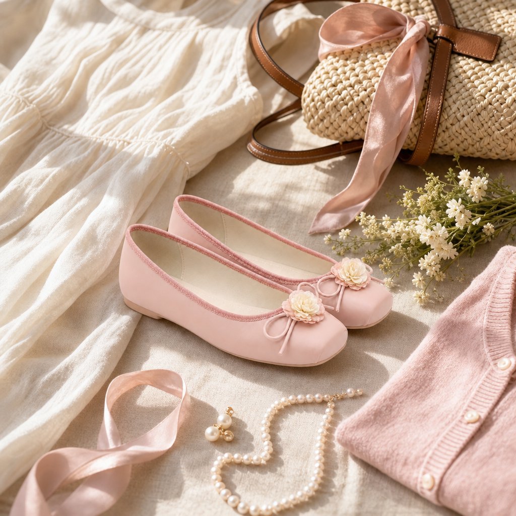 Ballerine rosa ispirate al qipao, decorate con accessori su tessuto