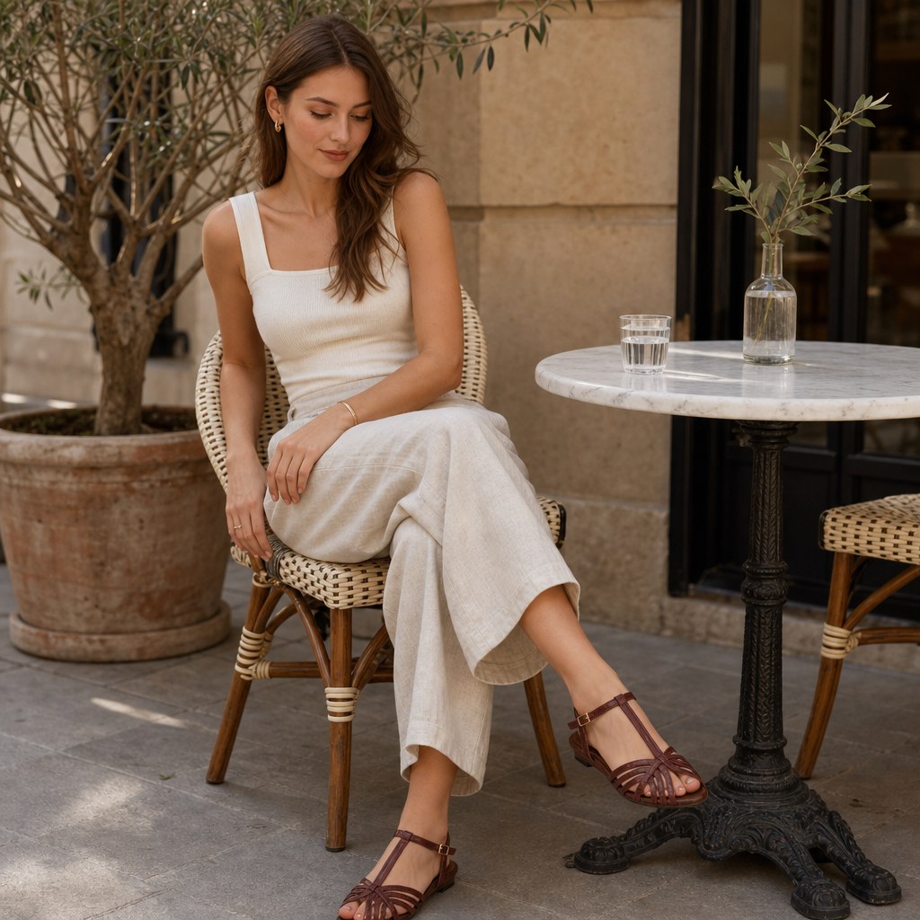 Sandals worn in an outdoor cafe setting