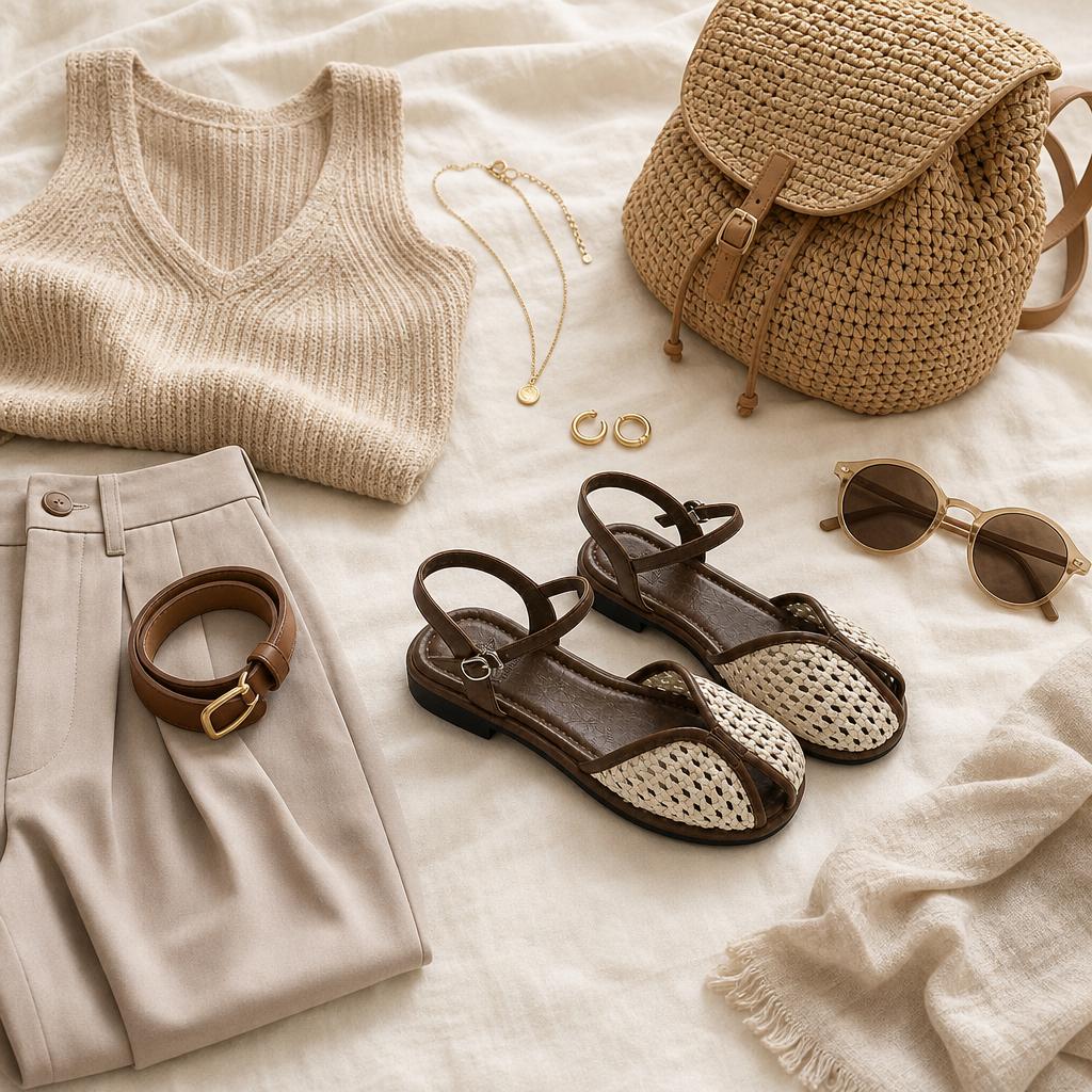 Flat lay with closed toe flats and travel accessories