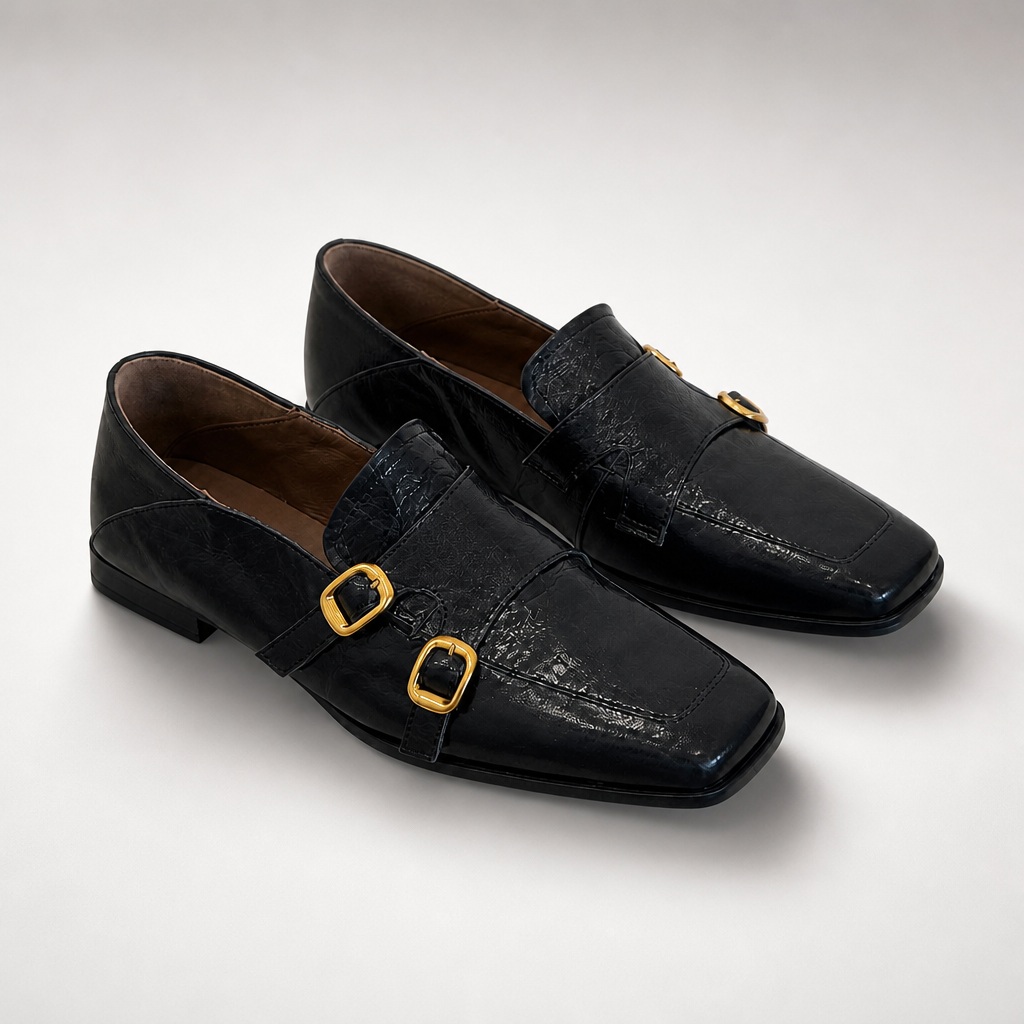 Pair of black double strap square toe low heel loafers on a light background