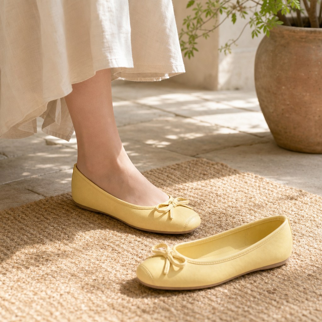 Ballerine gialle con fiocco, da indossare in casa
