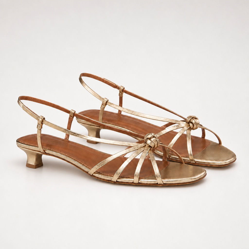 Pair of gold open toe summer sandals on a light background