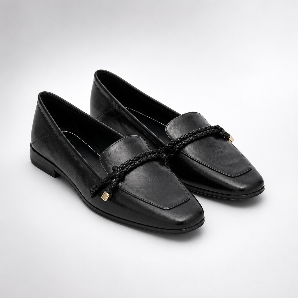 Isolated pair of black square toe loafers