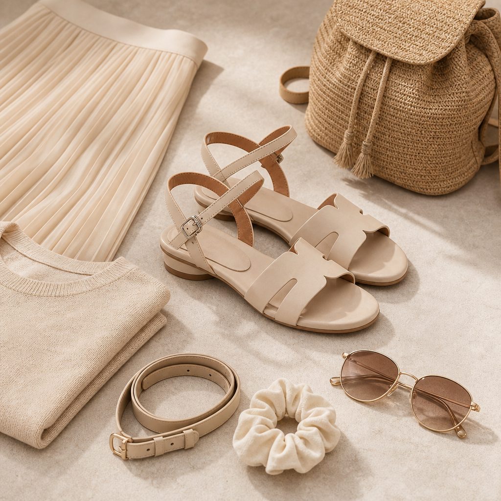 Apricot square toe flats styled with accessories in a flatlay scene