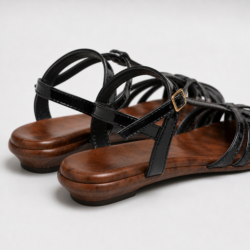 Black sandal rear and side close-up showing open back and strap detail