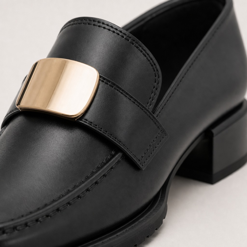 Gros plan sur la tige d'un mocassin noir : coutures, talon, boucle et semelle crantée