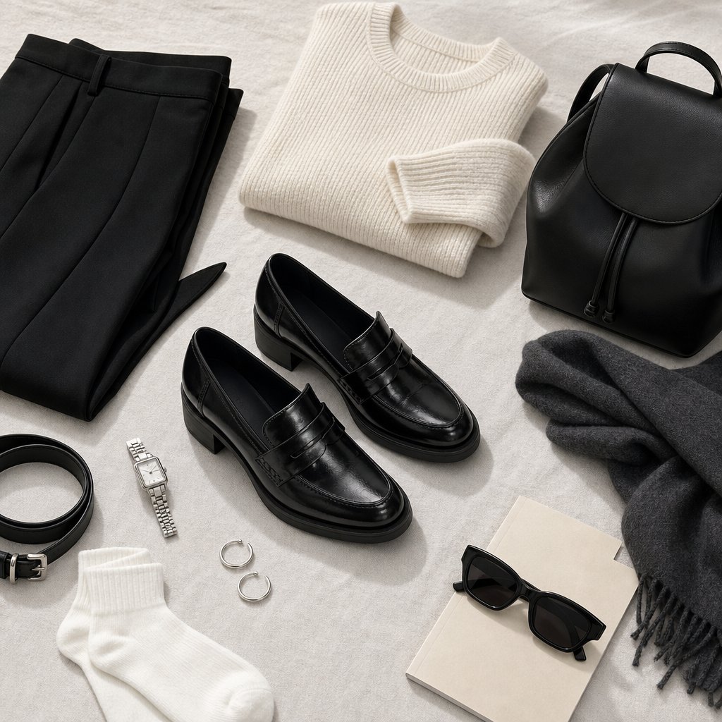 Flat-lay outfit styling with black smart casual shoes