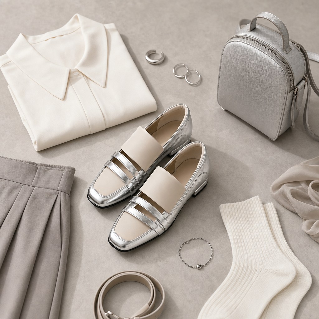 Γυαλιστερά loafers σε μια ελαφριά, επίπεδη σκηνή με ρούχα