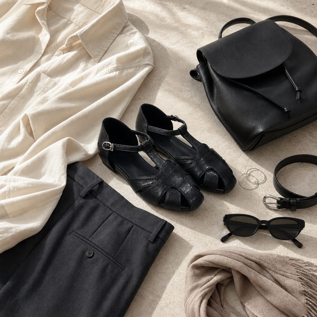 Black hollow-out heels styled with accessories