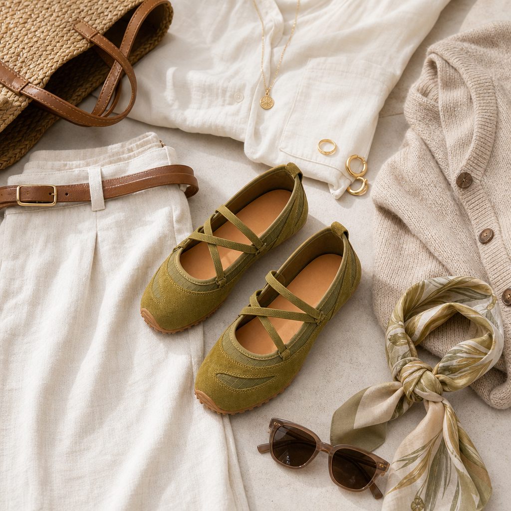 Ballerine verdi con lacci, disposte in modo elegante con accessori dell'outfit.