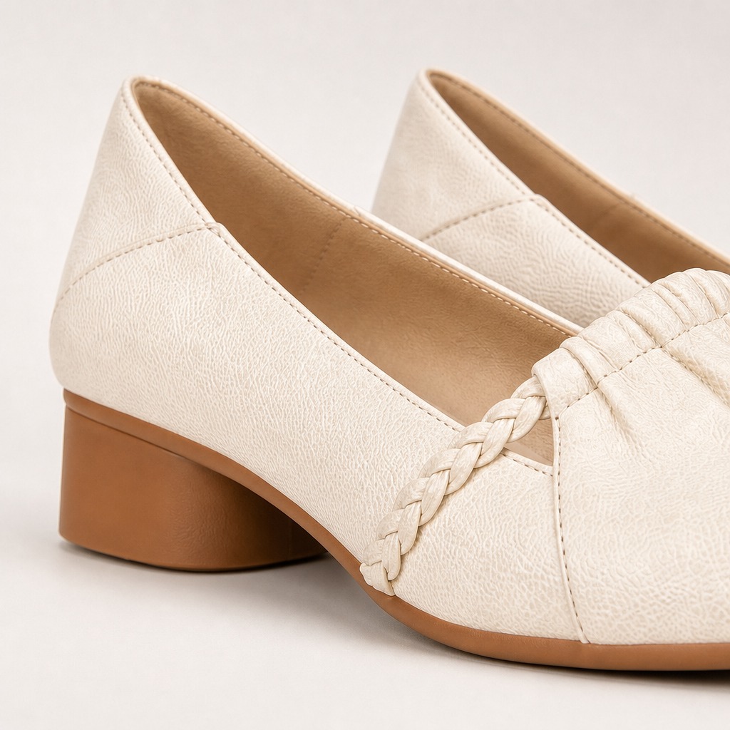 Close-up of beige loafer side, heel, braided trim and stitching
