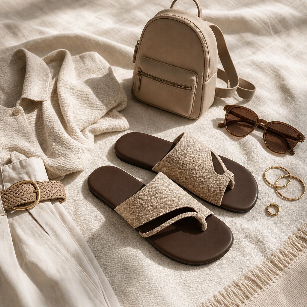 Sandalias y accesorios sobre una superficie plana de tela.