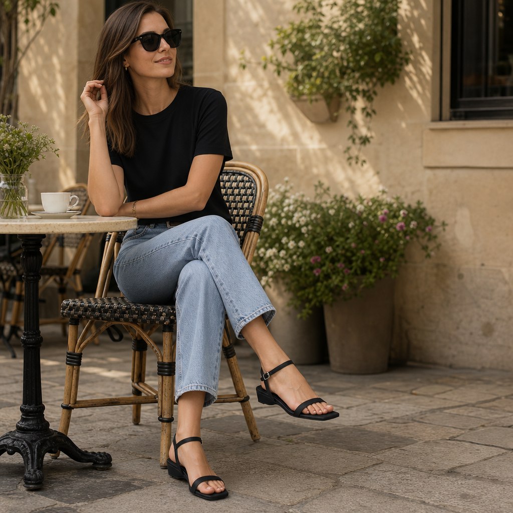 Sandals worn in an outdoor café setting