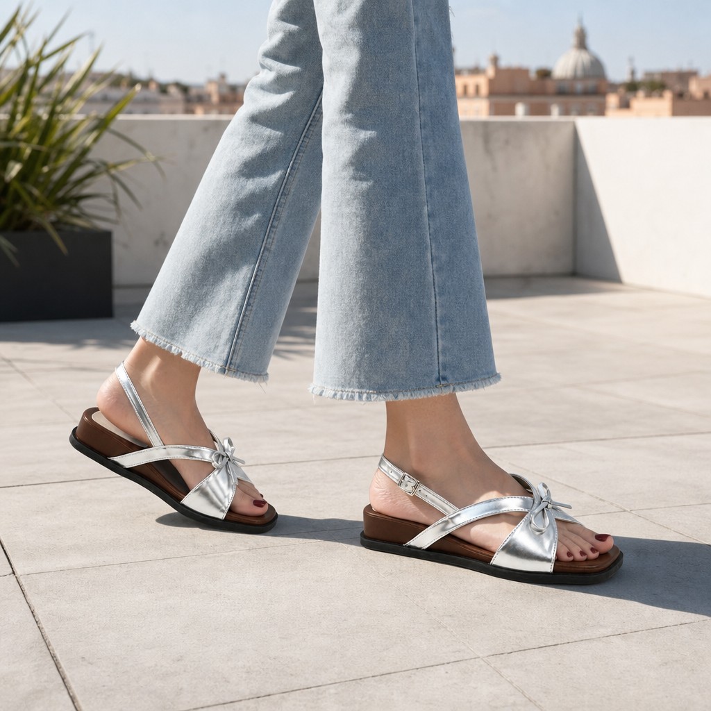 Silver bow sandals worn outdoors