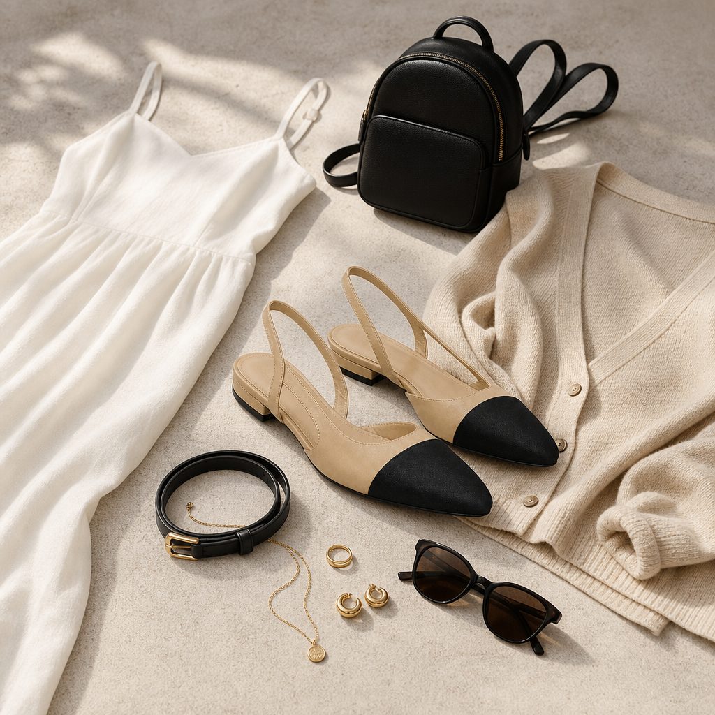 Closed toe flats arranged with clothes, jewelry, sunglasses, and bag