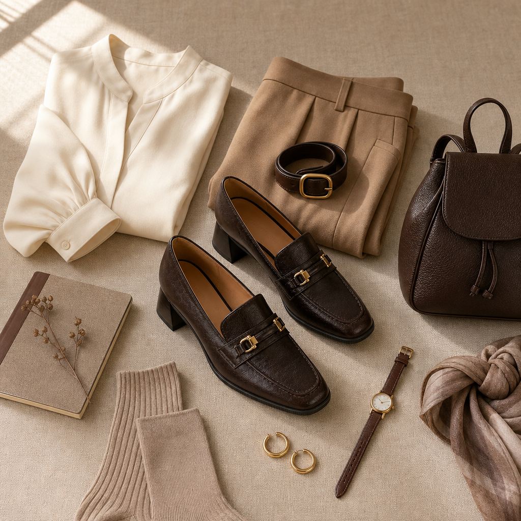 Brown stable heel loafers styled with apparel and accessories in a flat-lay composition