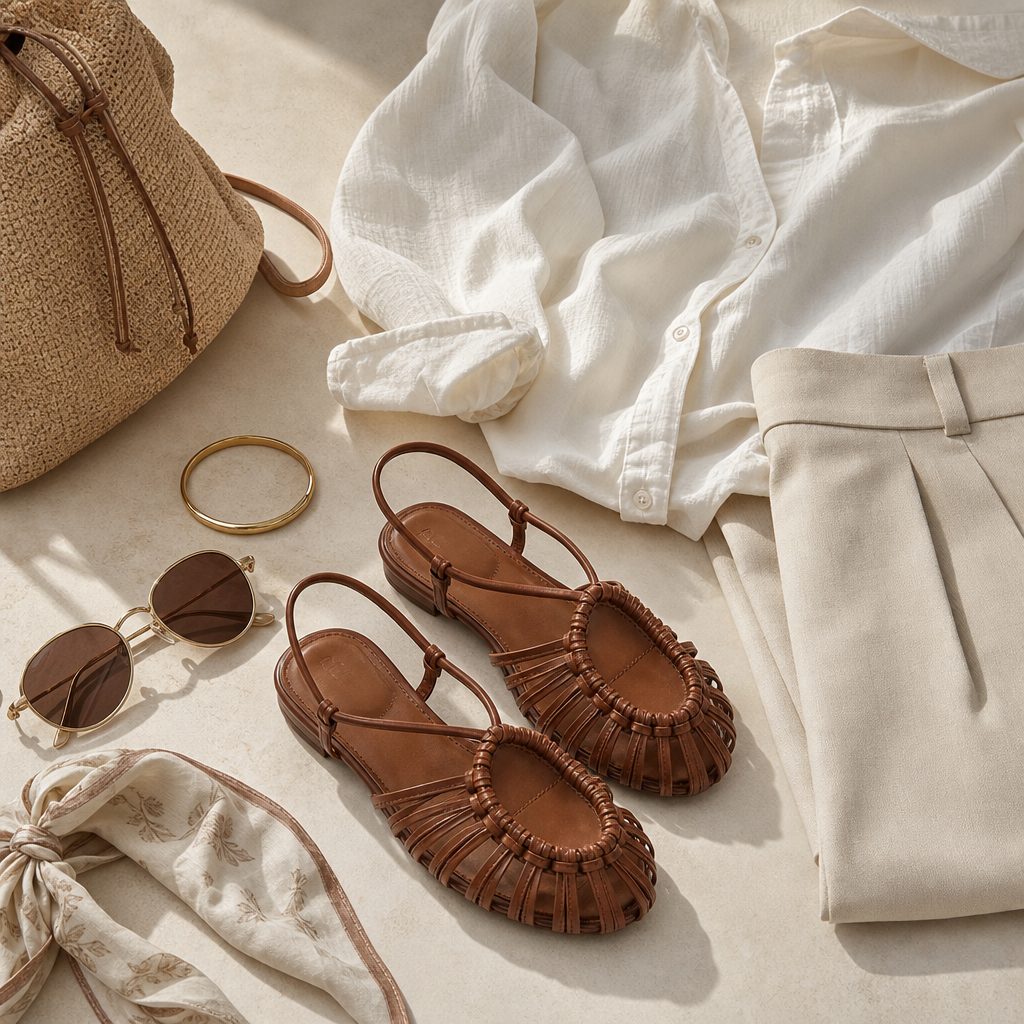 Brown woven flats styled with outfit accessories