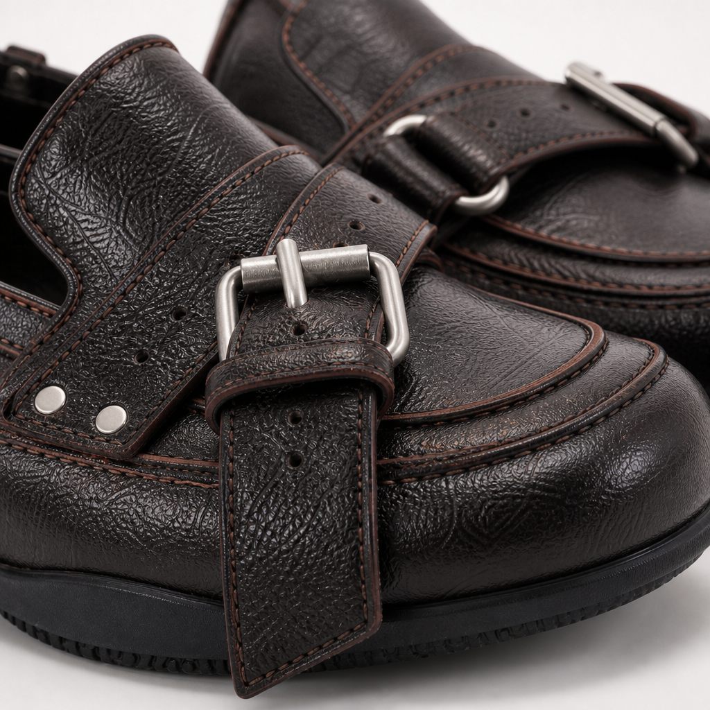 Gros plan sur la texture du cuir, les coutures, les clous et les détails de la boucle de la sangle