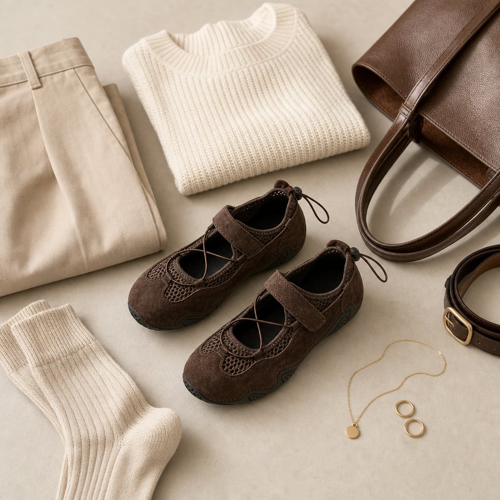 Sneakers Mary Jane marroni, disposte in una composizione flat lay con abbigliamento e accessori