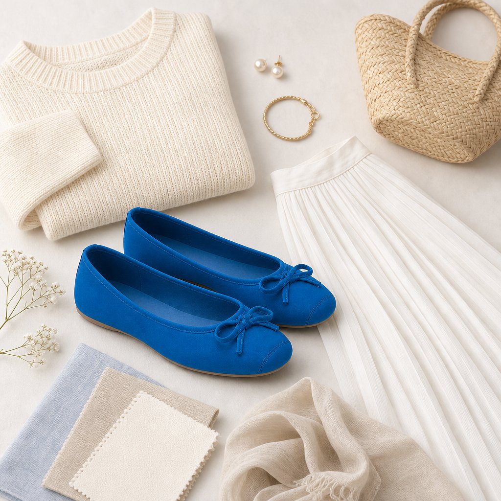 Ballerine blu con fiocco, impreziosite da accessori moda.