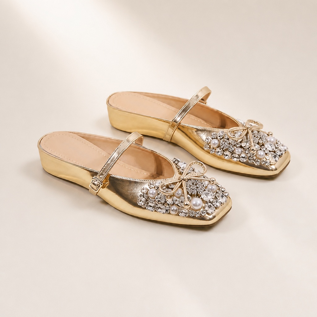 Gold bow detail square toe flat sandals