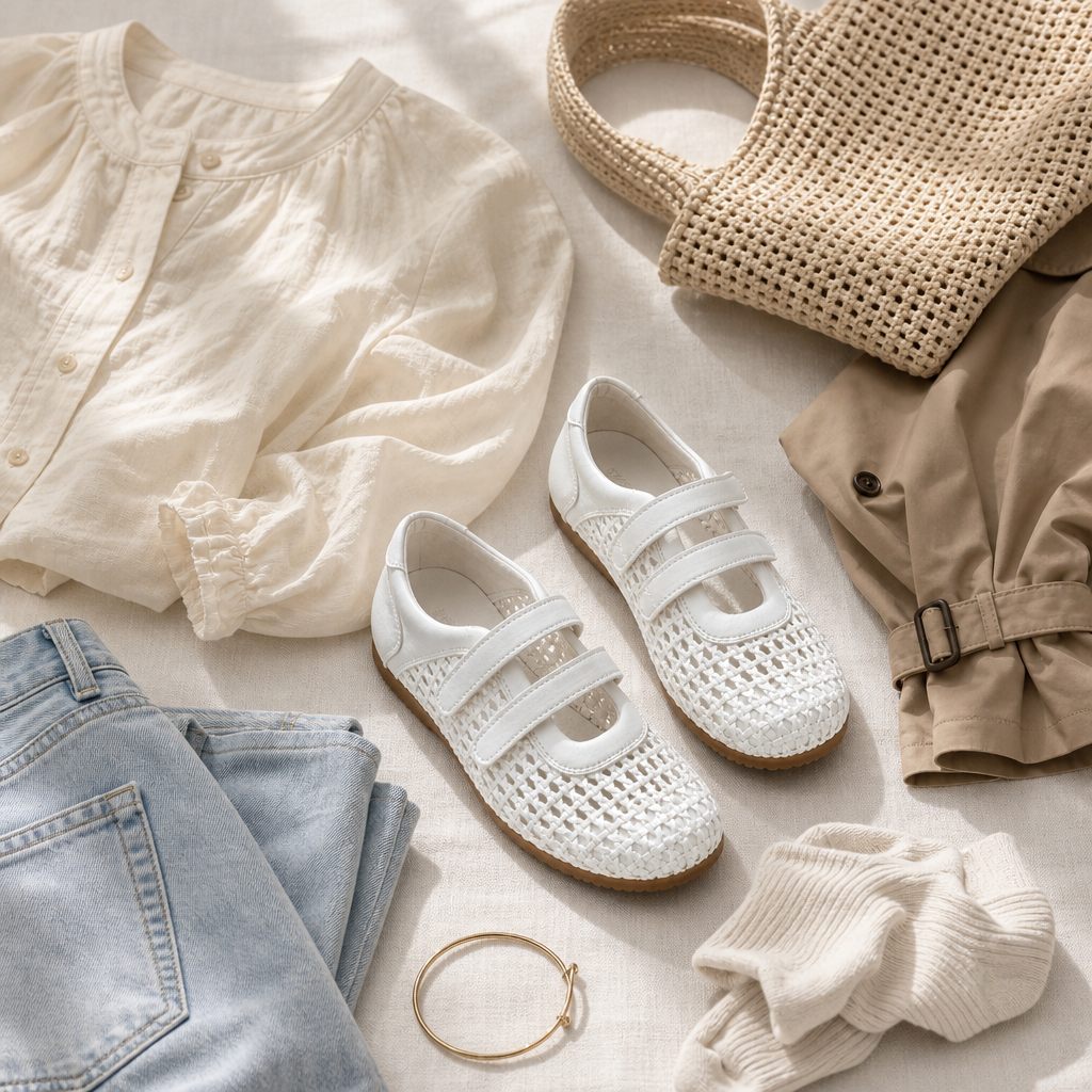 Ballerine Mary Jane in una composizione flat lay con abbigliamento e accessori