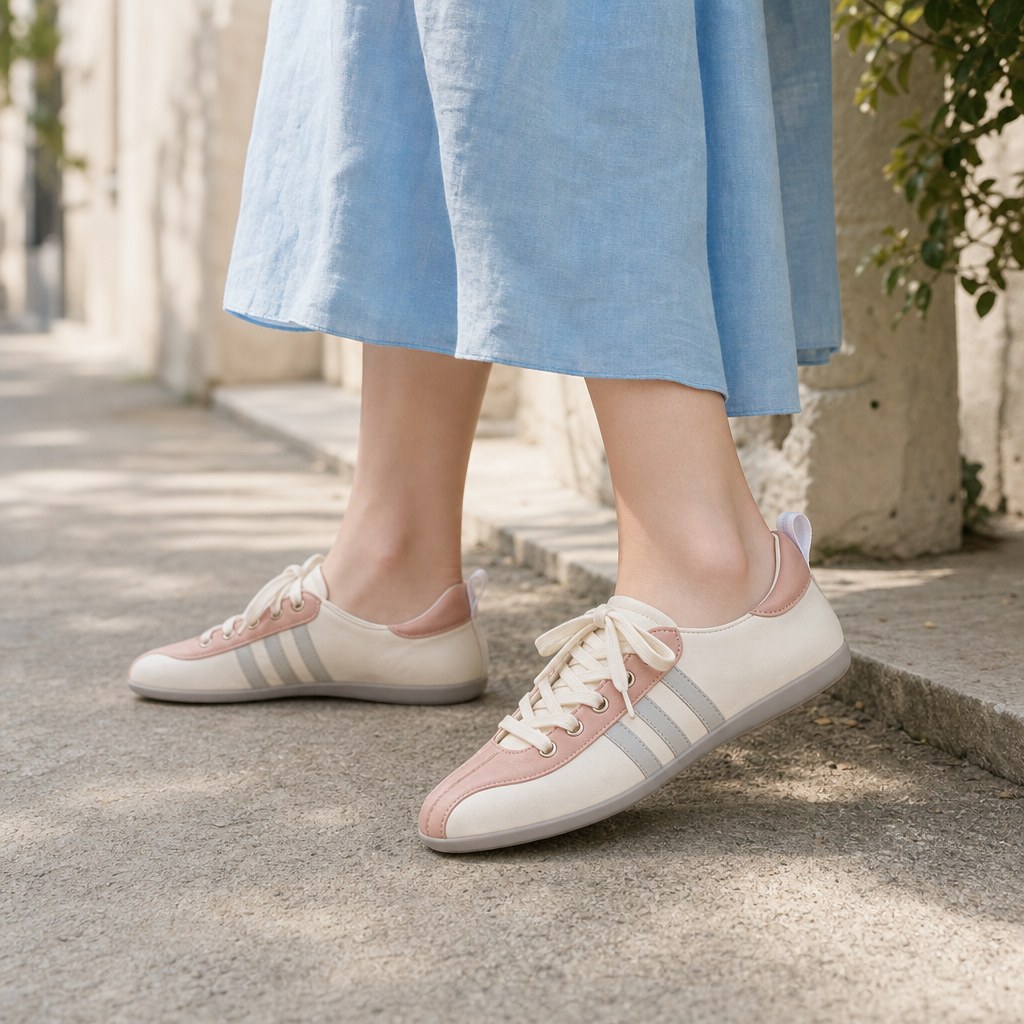 Ballerine rosa con lacci, indossate all'aperto
