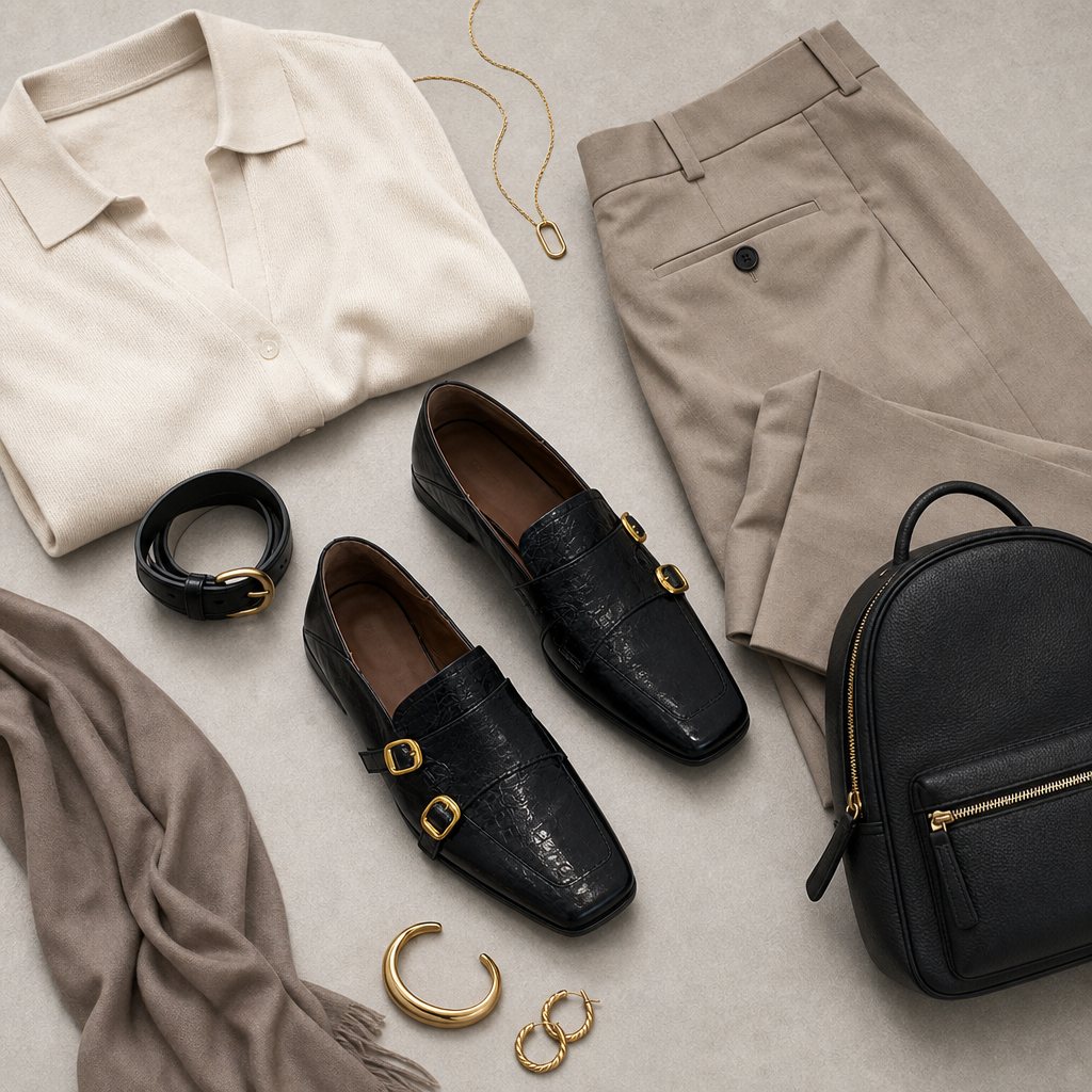 Flat-lay outfit scene with black double strap loafers and accessories