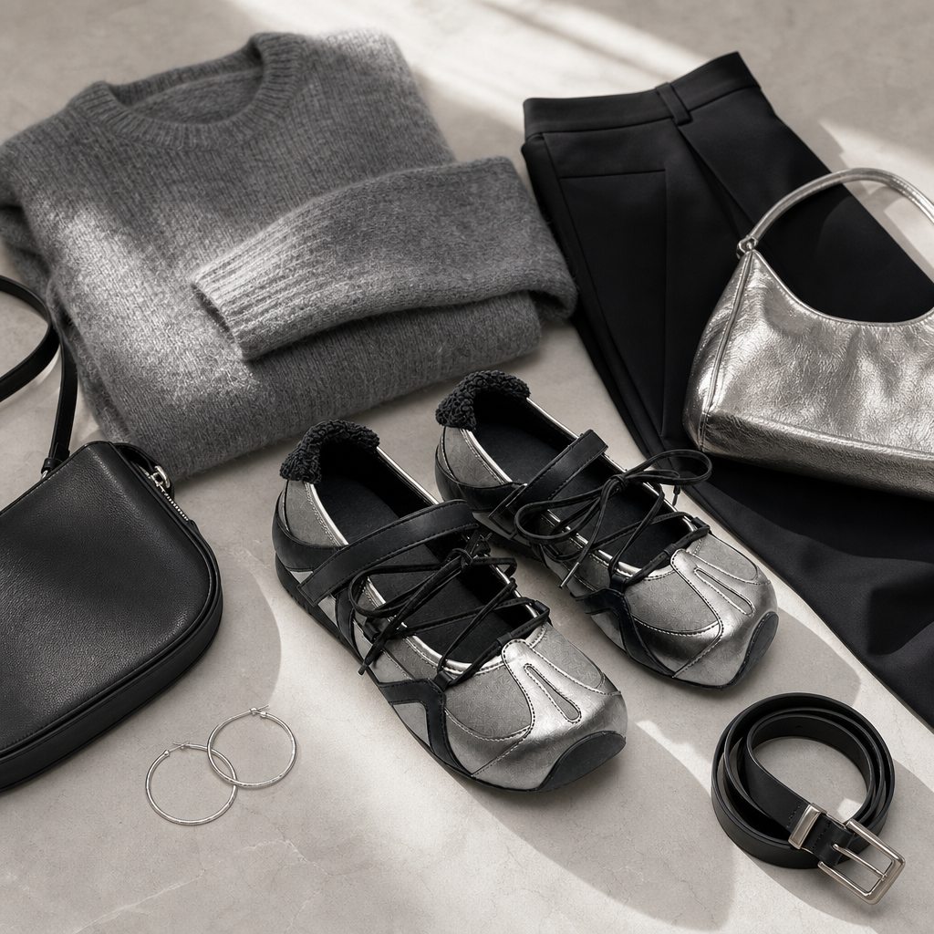 Ballerine sportive argento e nere incluse in una composizione flat-lay con borsa e abbigliamento
