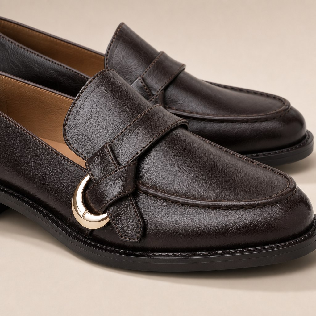 Close-up of loafers showing upper grain and gold-tone side ring