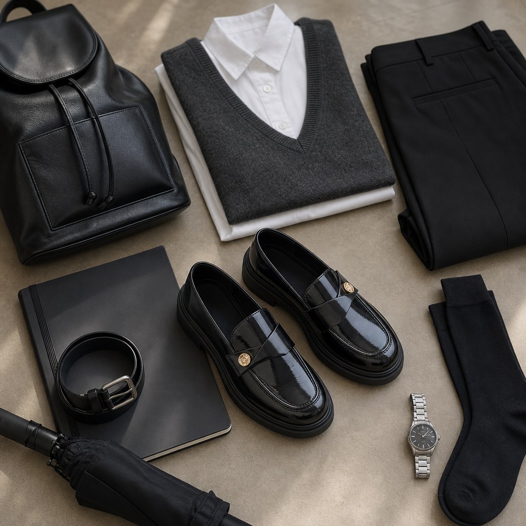 Mocassins noirs dans un style de tenue à plat