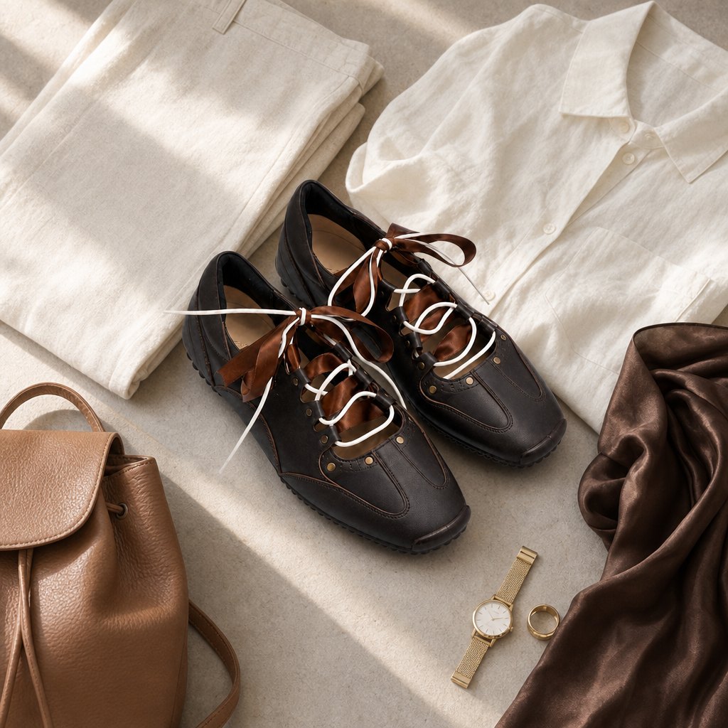 Καφέ μεταλλικό sneaker flat lay με ρούχα και αξεσουάρ