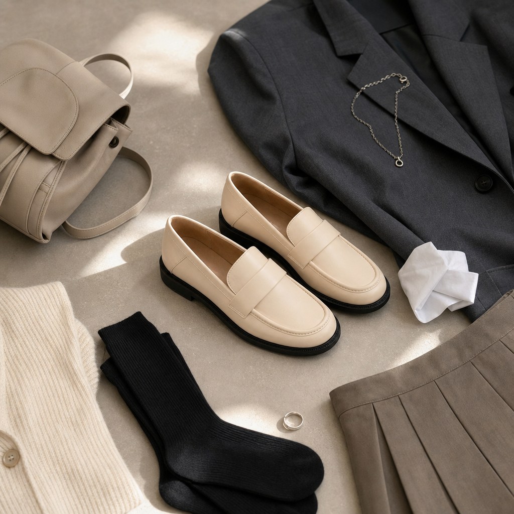 Ballerines abricot dans une tenue stylée, vue à plat