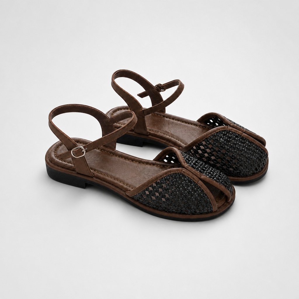 Black closed toe flat shoes on a light background