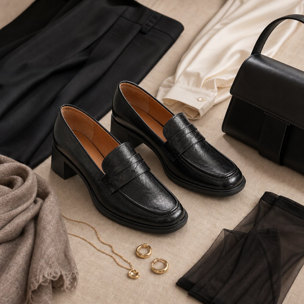 Mocassins noirs stylisés dans une scène à plat