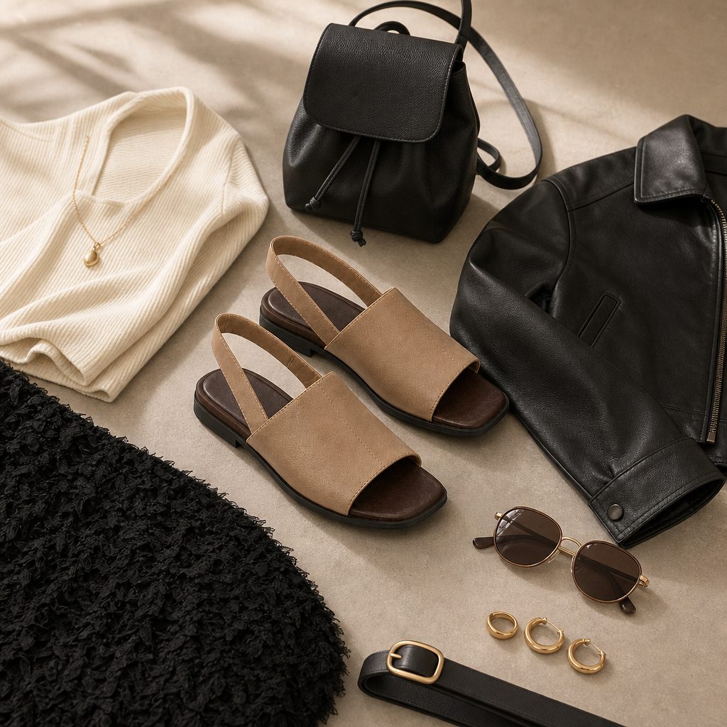 Khaki sandals in a warm flat lay styling scene