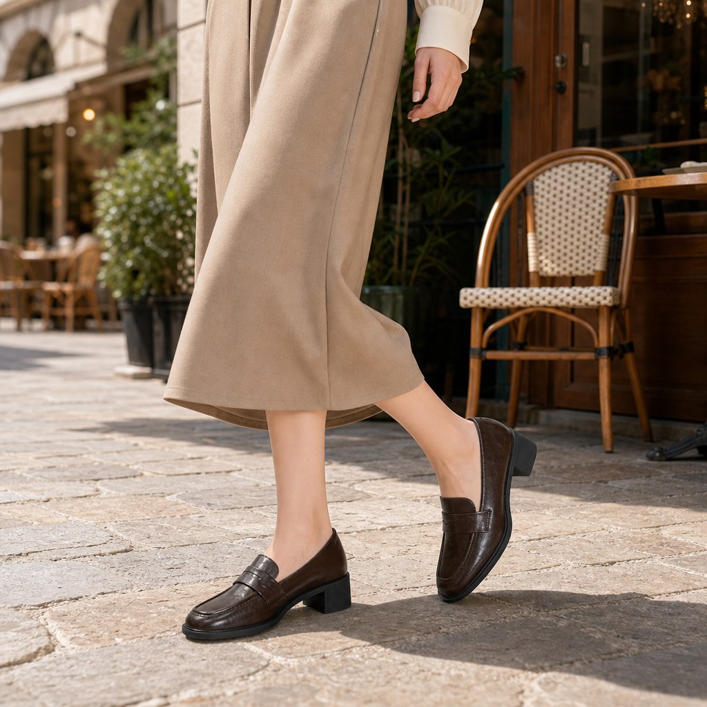 Mocassins portés dans une scène de marche en extérieur